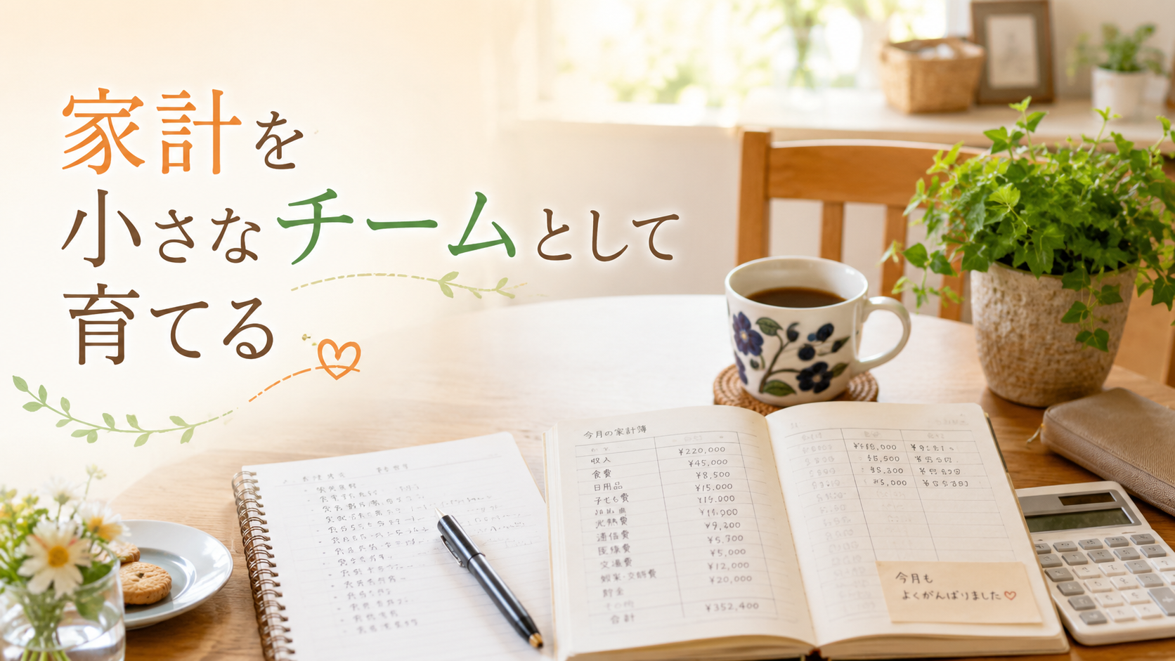 家計簿やノート、電卓が置かれた明るい食卓と「家計を小さなチームとして育てる」という文字のアイキャッチ画像