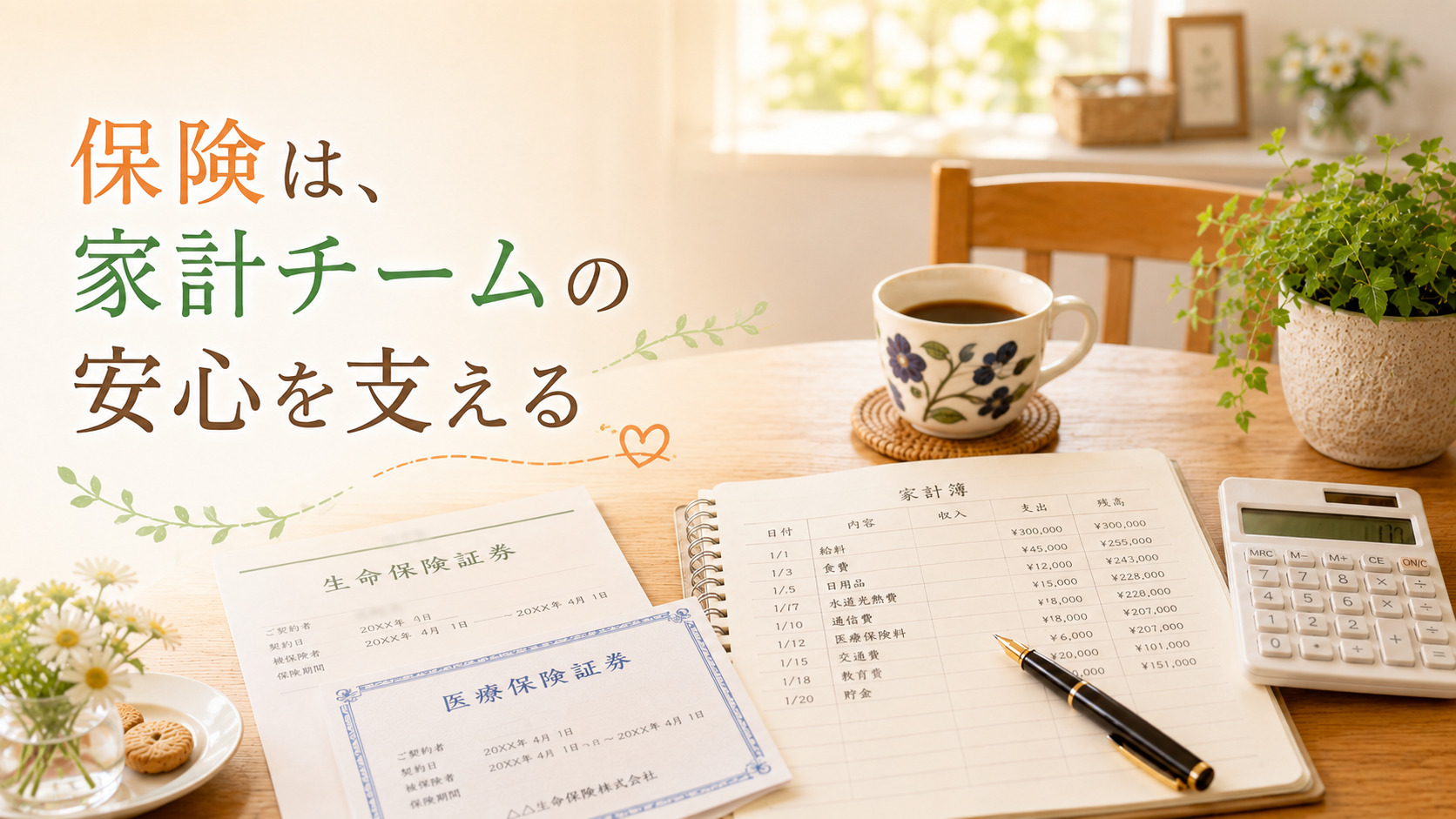 保険証券や家計簿、電卓を並べ、保険の見直しと家計管理を表したイメージ