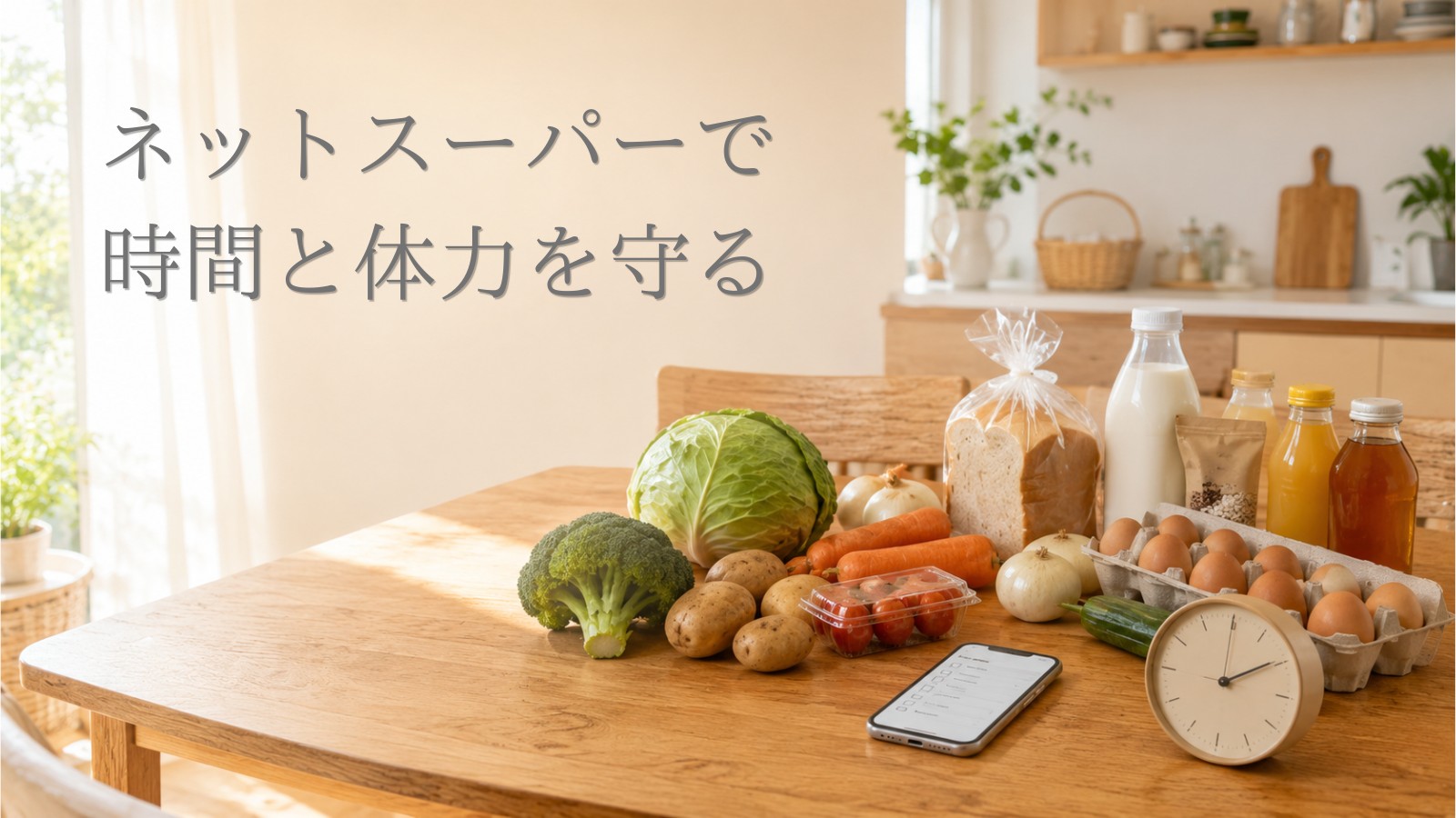 ネットスーパーで届いた食料品とスマートフォン、時計が並ぶ食卓