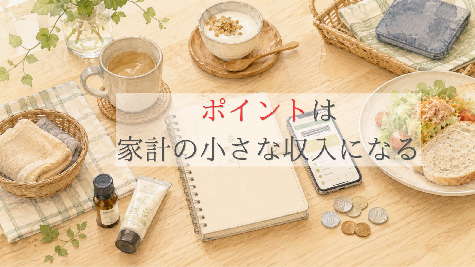 買い物でもらったポイントを家計の小さな収入として活用するイメージ