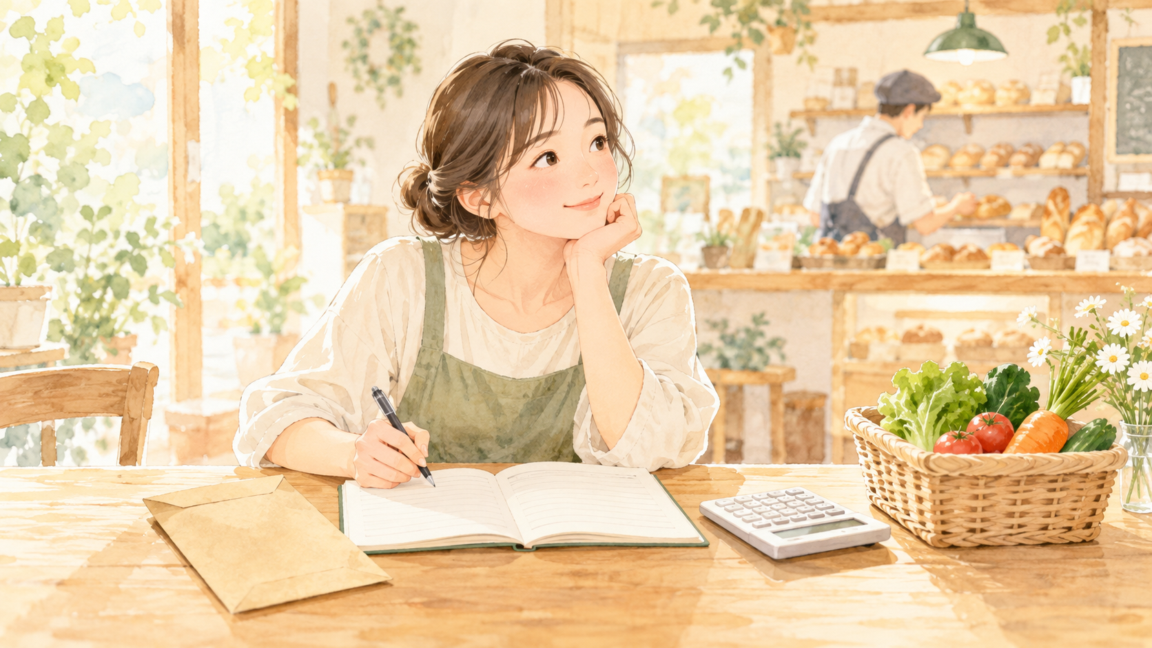 家計ノートと買い物かご、小さなパン屋を描いたイラスト